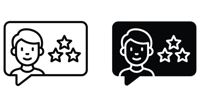 Customer review icon set featuring person avatar and three stars in speech bubble for user feedback rating and satisfaction testimonial