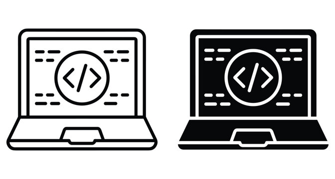 Laptop computer icon set with coding brackets on screen showing software development programming web design application engineering technical support digital technology