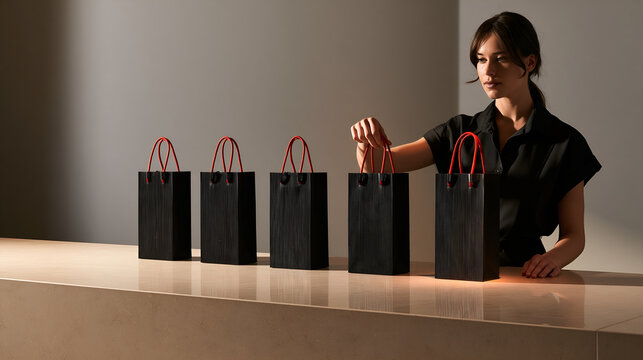 Shop assistant setting black paper bags in a row for the sale