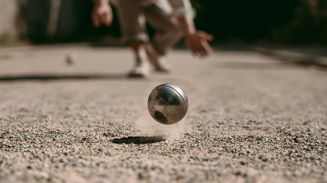 Petanque boule frozen just above the gravel