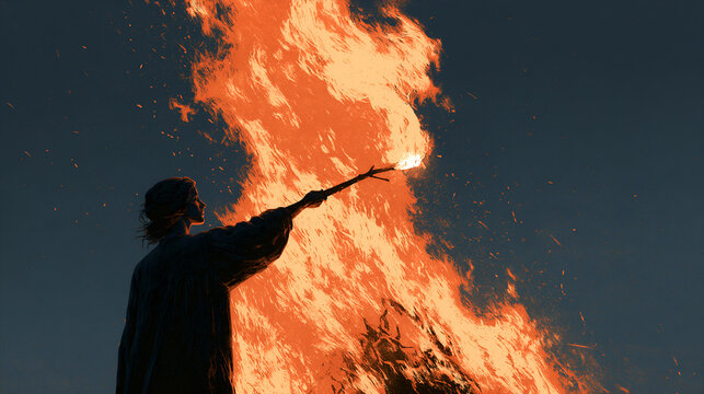 Woman feeding a branch to a bonfire at dusk