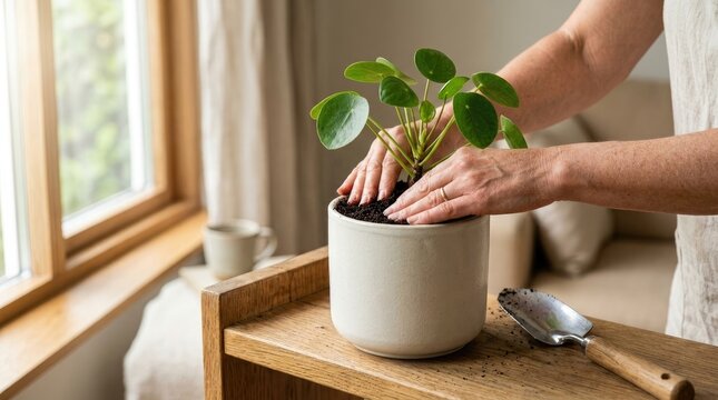 Person potting a pilea peperomioides plant in a ceramic pot