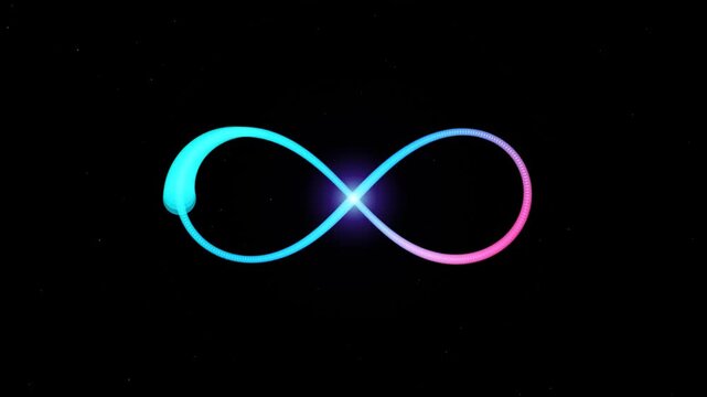 Infinite Loop Symbol pulsing with cyan and magenta light on black background