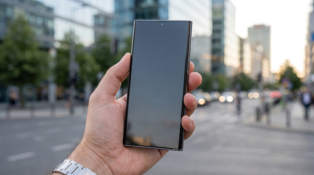 Close up of a hand holding a modern smartphone with a blank screen in a city street setting transparent background