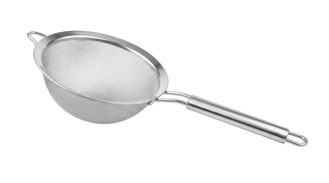Fine mesh metal sieve isolated on transparent background for professional kitchen baking and food prep photography