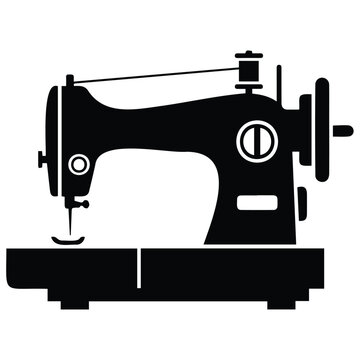 Sewing machine black silhouette icon with thread spool needle for tailoring and craft design.