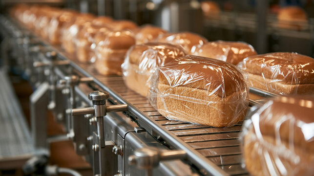 Wrapped loaves of fresh bread move along a metal conveyor belt in a modern factory. This industrial food production concept is ideal for commercial bakery ads.