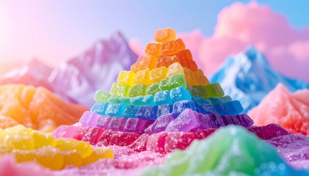 Gummy candy pyramid forming rainbow sugary landscape