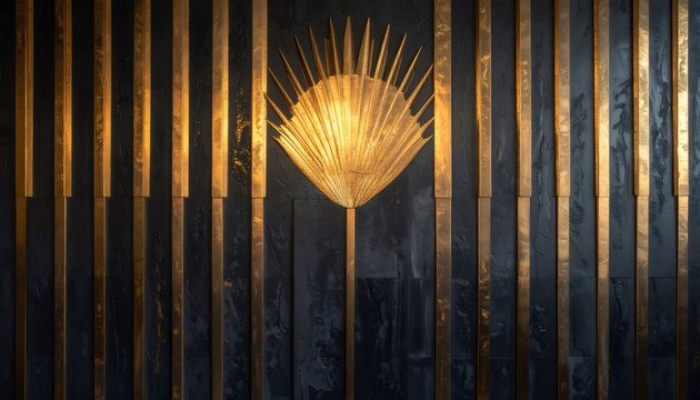 Neo deco golden sunburst on black textured wall