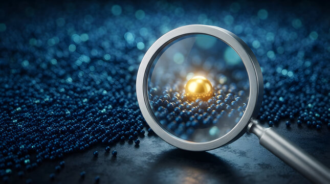 Magnifying glass identifying unique gold sphere among dark particles representing data analysis and system monitoring results