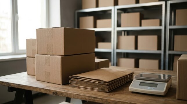 Cardboard shipping boxes and parcels stacked on a table beside laptop computers, representing online shopping, warehouse logistics, delivery service, and Black Friday sales prepara