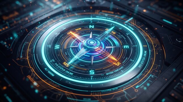 Glowing digital compass interface with futuristic navigation HUD and cybernetic technology.