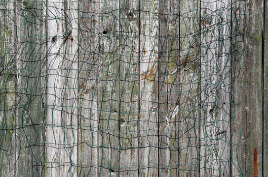 Close‑up of weathered wooden boards covered by a distorted wire mesh, featuring peeling paint, exposed grain, rust stains, and layered textures, creating a rustic abstract background.