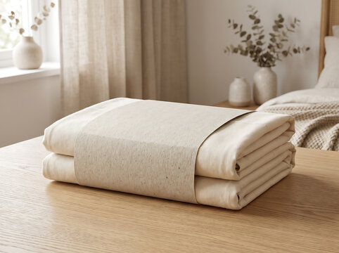 Folded beige bed sheets with paper band packaging sitting on a wooden table in a bright bedroom transparent background