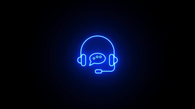 Neon glowing blue color customer support headset video animation for business communication. Neon headset in speech bubble icon motion animation. Customer support agent wearing a headset animation.