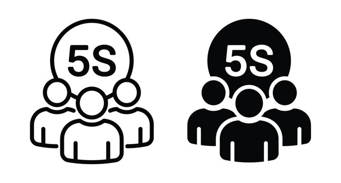 5S methodology icon set featuring team silhouettes and lean manufacturing management symbols for workplace organization productivity improvement and industrial efficiency standards