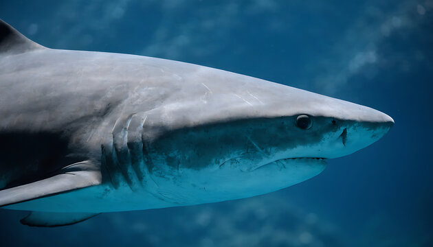 Close up side profile of a large shark swimming in deep blue ocean water