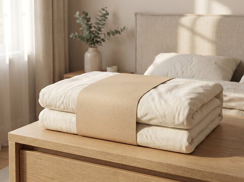 Folded white textile bedding set with blank cardboard packaging label on wooden surface transparent background