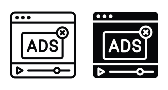Video player interface icons showing advertisement popup with close button for digital marketing skip ad blocker and online media promotion
