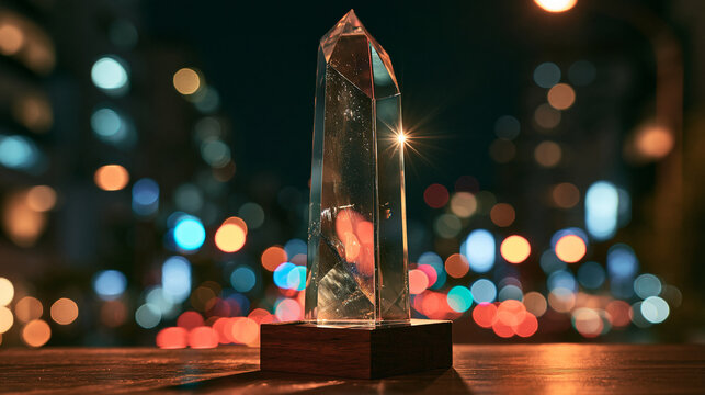A glowing crystal obelisk trophy stands proudly against a vibrant city night bokeh background. Perfect for corporate awards and success concepts.