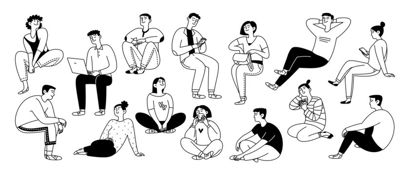 A diverse group of seated people, men and women, in doodle style, isolated on a white background. Vector illustration