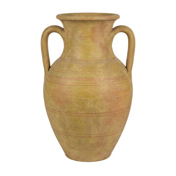 Ancient terracotta amphora with two handles and decorative bands