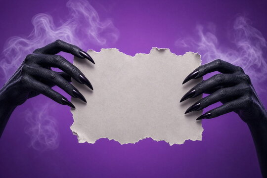 Creepy black hands holding blank torn paper with purple smoky Halloween background