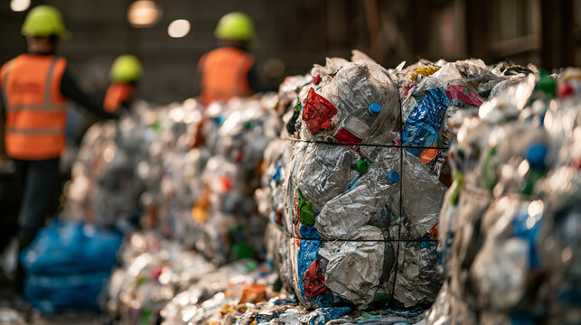 Compressed bales of plastic bottles stacked inside a recycling plant with workers in the background. Use for sustainability and waste management editorial campaigns.