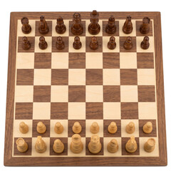 Wooden chess set with pieces arranged on the board ready for play © maximon4ik