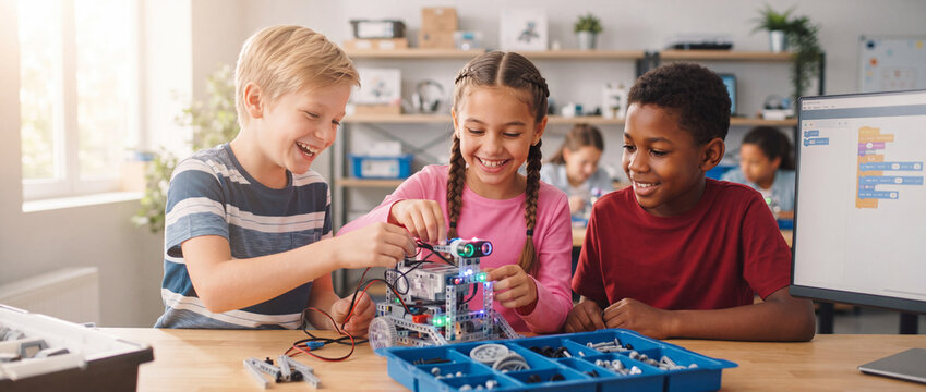 Robotics education for happy school children assembling a programmable diy robot vehicle with coding software on screen during a hands on stem engineering lesson in a bright classroom