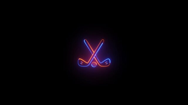Neon glowing golf sports icon sign video animation. Neon glowing golf tournament with ball and stick sign motion animation. Neon lighting golf club equipment animation.