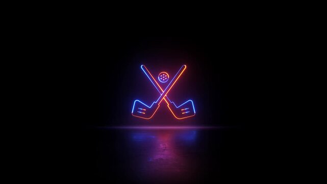 Neon glowing golf sports icon sign video animation. Neon glowing golf tournament with ball and stick sign motion animation. Neon lighting golf club equipment animation.