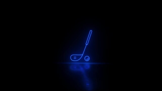 Neon glowing golf sports icon sign video animation. Neon glowing golf tournament with ball and stick sign motion animation. Neon lighting golf club equipment animation.