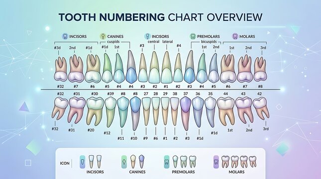Dental tooth numbering chart with anatomical human teeth diagram