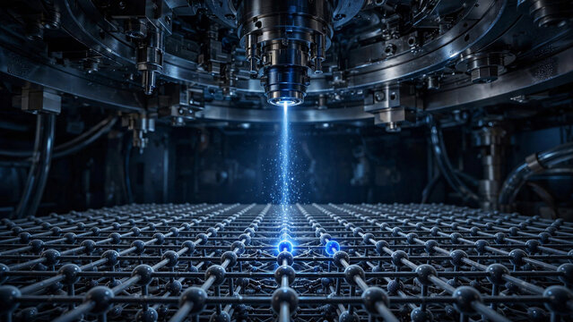 Focused ion beam implanting single ions silicon qubits, Ion implantation quantum devices blue beam atomic-scale, Single ion implantation silicon crystal lattice qubits