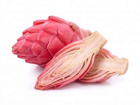 Fresh pink torch ginger flower bud and sliced halves isolated on white background, traditional southeast asian culinary ingredient known as bunga kantan