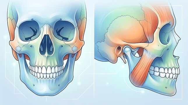 Human skull anatomy showing jaw muscles in front and side view