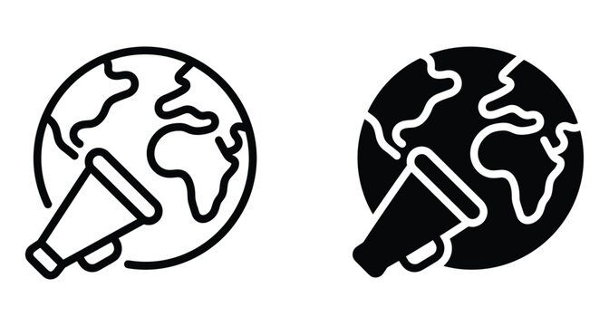 Global communication icon set featuring earth globe and megaphone for worldwide marketing news broadcasting public relations and international social media outreach