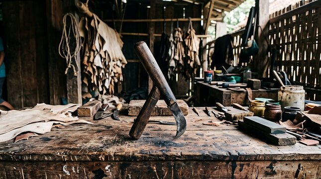 Traditional leather crafting tools on a rustic workbench
