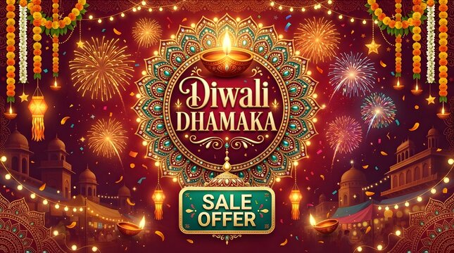 Diwali dhamaka sale banner with fireworks, traditional lamps, and festive market background