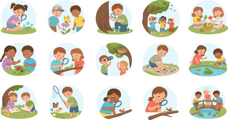 Fototapeta premium Children nature exploration illustration collection featuring gardening, planting, insects, birdwatching, outdoor science, pond discovery, ecology, and environmental learning