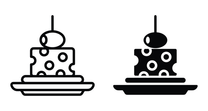 Cheese appetizer icon set with olive on toothpick and plate in outline and solid black style for restaurant menu design