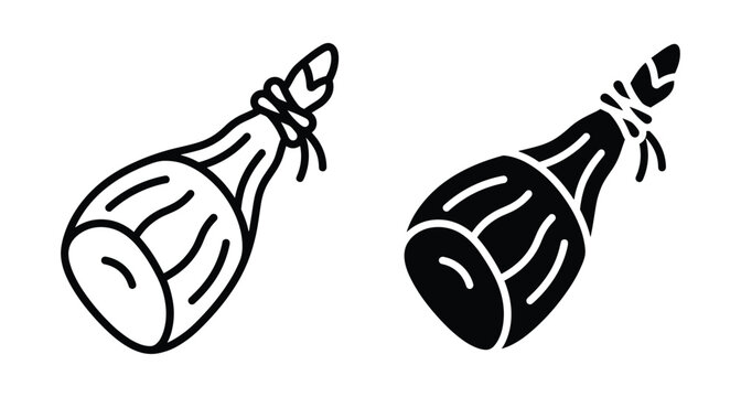Ham leg icon set featuring cured pork meat prosciutto and jamon serrano in outline and solid silhouette styles for menus