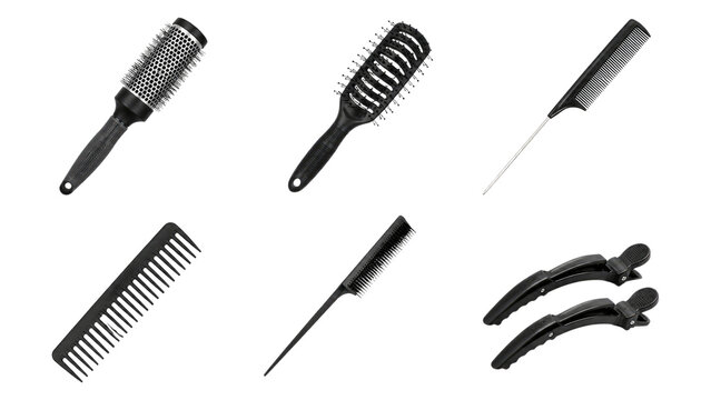 Black hair styling set with a round blow-dry brush, vent brush, two rat-tail combs, a wide-tooth comb and two sectioning clips on a transparent background