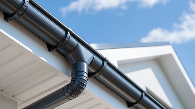 Modern dark grey plastic rain gutter and downpipe installed on a white house roof under a blue sky. Perfect for home improvement and construction advertising.