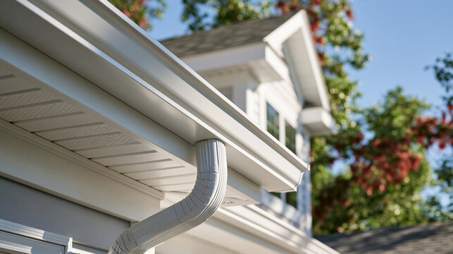 Clean white rain gutter and downspout installed on a modern suburban house exterior in bright daylight. Ideal for home maintenance and roofing service ads.