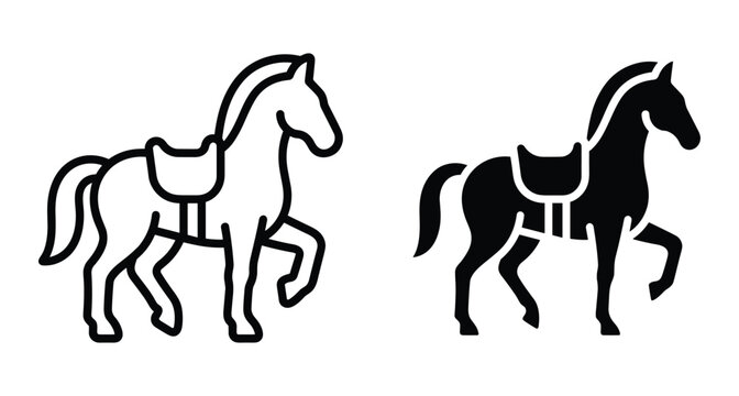 Horse icon set featuring outline and solid silhouette styles with saddle for equestrian sports riding farm animal and ranch design elements