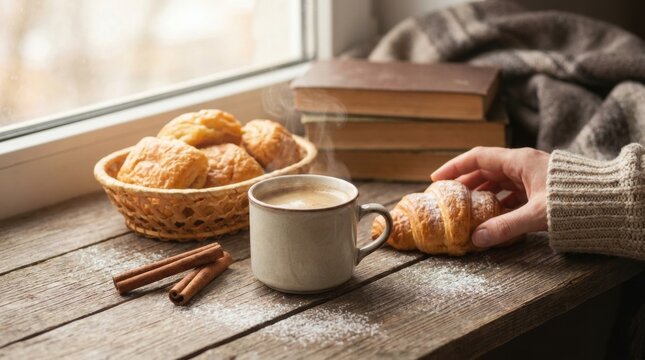 Cozy morning breakfast with croissants and coffee by the window.