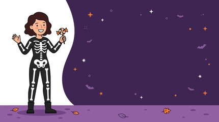 Naklejka premium Smiling young girl in skeleton costume holding candy on purple Halloween night background