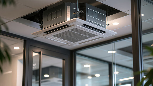 A modern commercial cassette air conditioner is installed in the drop ceiling of a bright corporate office. Ideal for professional architectural and interior climate control.